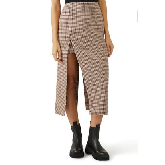 MAJE Jaisa Brown Plaid Wool Blend Front Back Slit Edgy Pencil Skirt Size US 8 - Picture 2 of 16